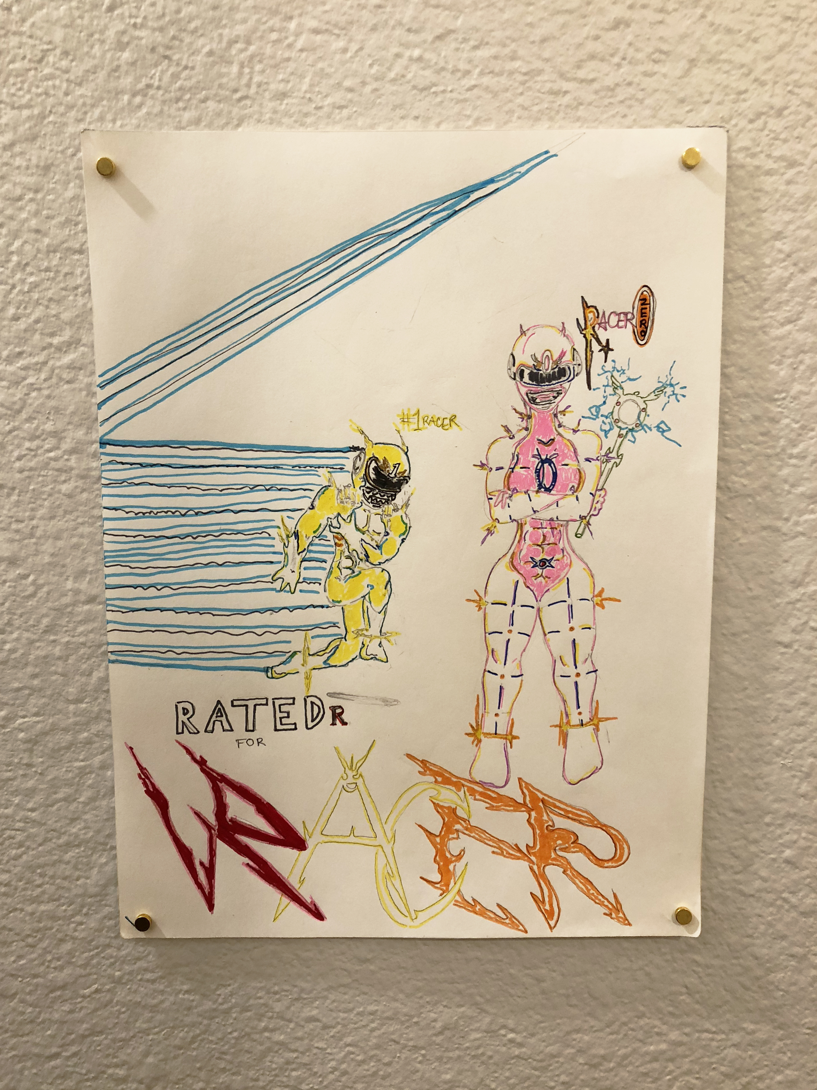 Stylized drawing of power rangers on a small piece of paper hung on a white wall